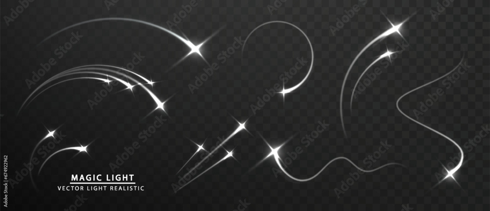 Star light tail. Magic curve light. Flare christmas star line trail. Transparent element motion, vector isolated shining light effects.