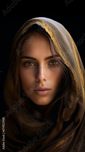 Portrait of an amazingly beautiful woman from Algeria  perfectly straight lines  cinematic lighting  volumetric lighting