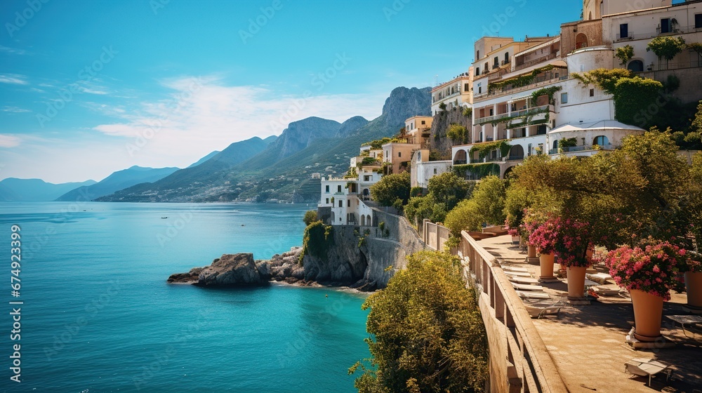 Taormina bay landscape with tourist man with backpack. Sicilian scenery sea resort. Travel Sicily. Tourist standing on shore. Young man and boats on beach. Travelling guy in South Europe. Person. - obrazy, fototapety, plakaty 