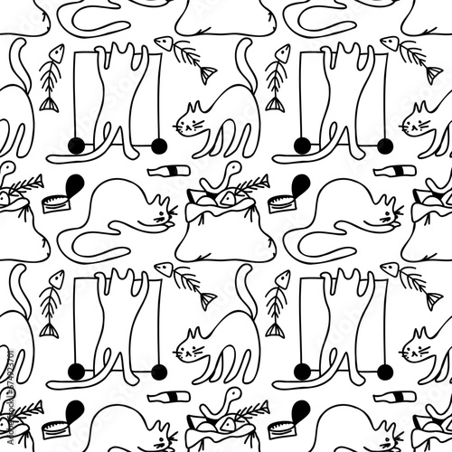 Doodle vector seamless pattern Food waste problem  with garbage and undomestic cats. isolated on white background. Graphic design concepts. photo