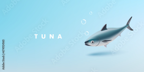 Tuna fish in the ocean with bubbles. Realistic 3d illustration for packaging design concepts, ocean life, delicious food, and diet.