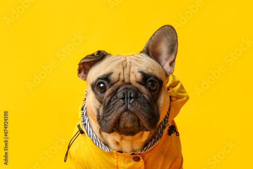 Cute French bulldog in raincoat on yellow background, closeup
