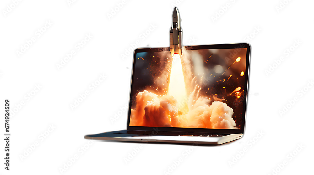 A rocket comes out of a laptop - business concept, idea, start up ...