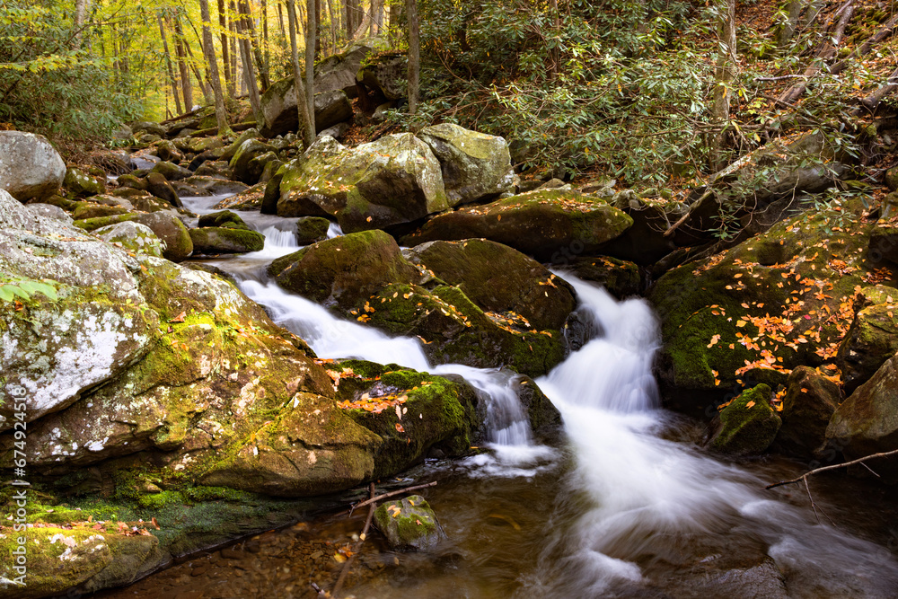 River Flowing Over Boulders In Smoky Mountains National Park In Autumn River Flowing Over Boulders In Smoky Mountains National Park In Autumn