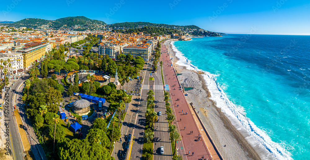 Aerial view of Nice, Nice, the capital of the Alpes-Maritimes department on the French Riviera - obrazy, fototapety, plakaty 