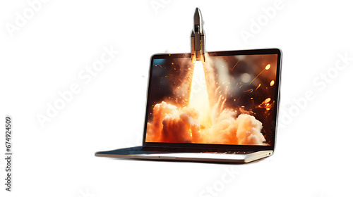 A rocket comes out of a laptop - business concept, idea, start up, launch | on Transparent Background [created with generative AI technology]