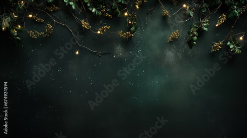 Overhead Flat Lay View of Lush Christmas Garland - on a Rustic and Weathered Green Background with Vintage Texture and Aesthetic - Golden Twinkle Lights and Holiday Glow - Xmas Decorations