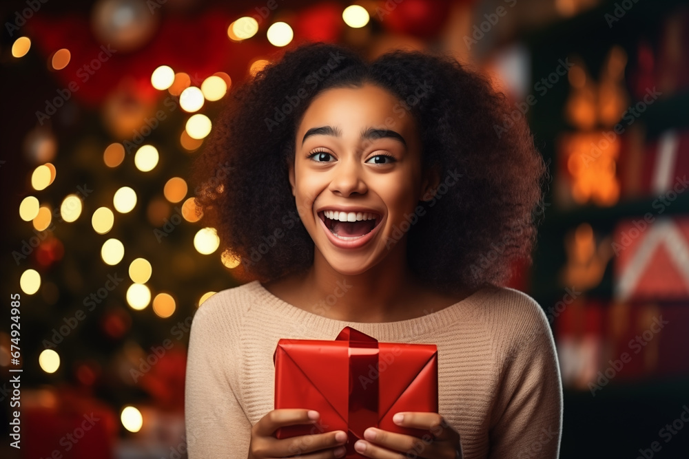 Afroamerican teen excited holding Christmas present, smiling and happy