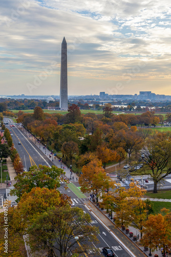 Washington DC aerial view with National Mall and Monument on an autumn sunset