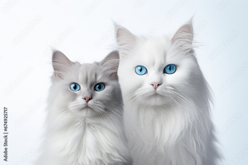 White longhair cat with ice blue eyes and its colorful shadow behind as a background.