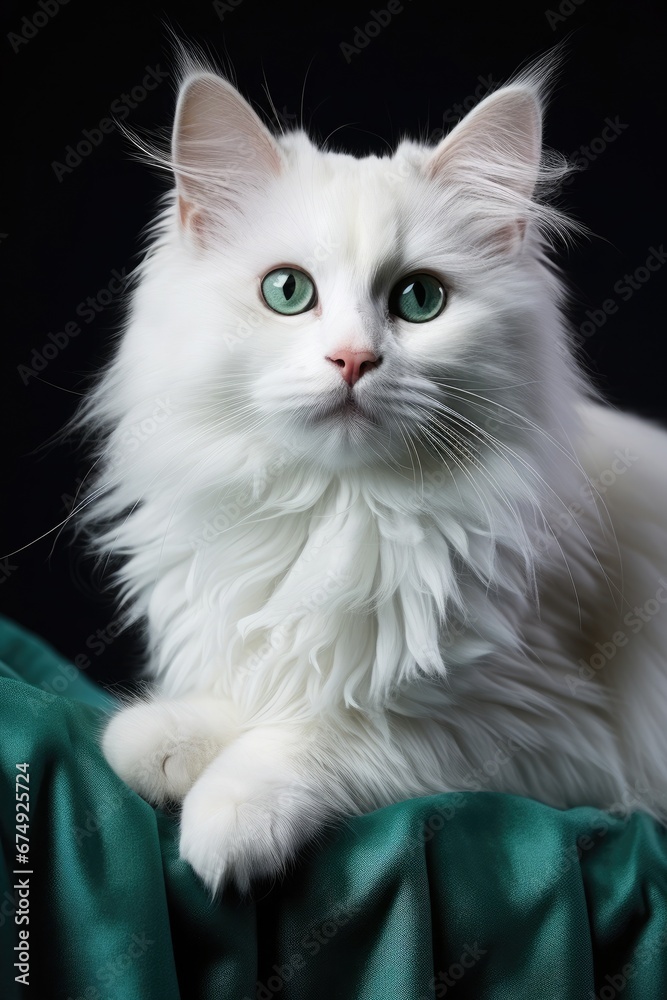 Portrait of a majestic white longhair cat with striking green eyes.