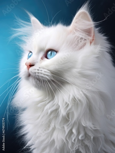 White, long-haired cat with blue eyes and bushy fur, against a blue background.