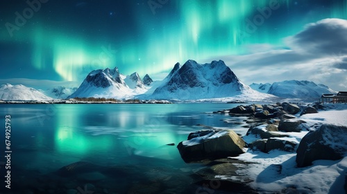 Aurora Borealis  Lofoten islands  Norway. Nothen light and reflection on the lake surface. Winter landscape at the night time. Norway travel - image
