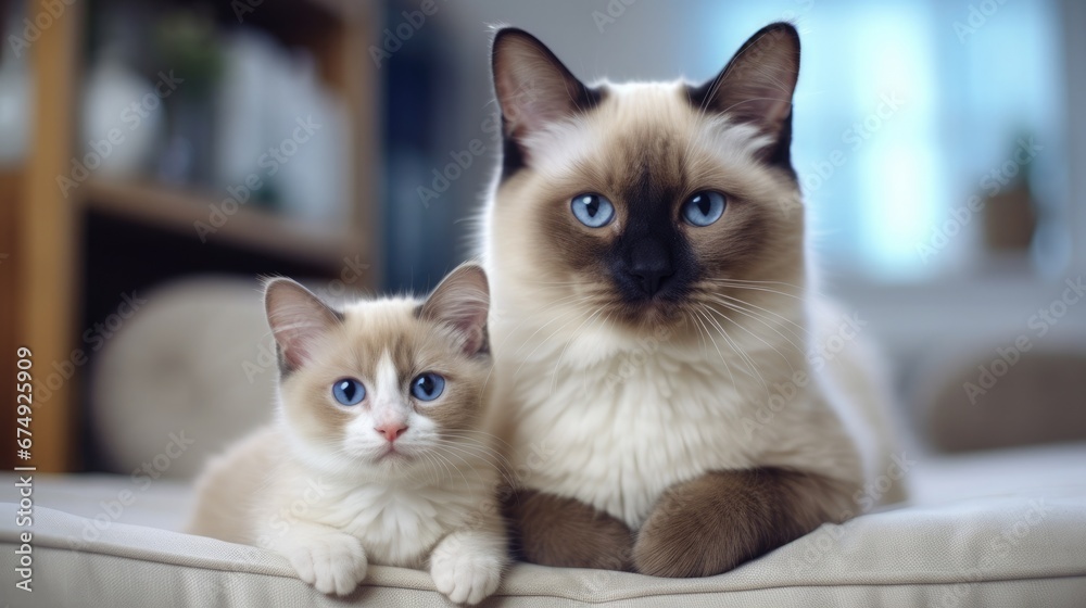 Zwei Siamkatzen, eine erwachsen, eine jünger, mit cremefarbenem Fell und blauen Augen, liegen nebeneinander.