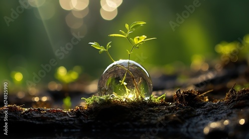 A new sprout grows on a transparent Earth. Image of environmental protection and a sustainable society photo