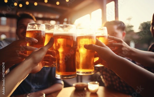 A group of friends clink glasses with beer