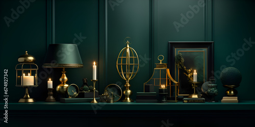 Dark green interior design with golden elements with  decorations on a shelf