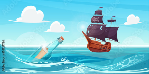 Bottle with message about treasure floating out to sea towards pirate ship vector illustration. Cartoon parchment letter with secret map inside closed glass jar and old corsair boat with guns in waves