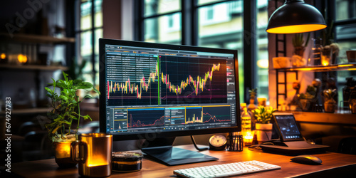 AI-Enhanced Stock Analysis: Sleek Office Setup with Advanced Trading Monitor photo