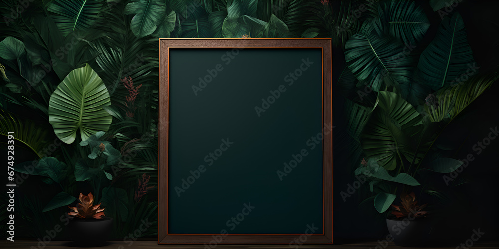 Mock up empty black frame with dark green leaves background 
