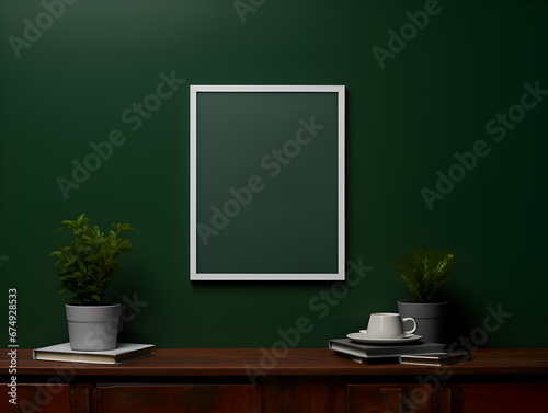 Mock up empty frame on dark green wall with minimalistic interior design, product presentation concept 