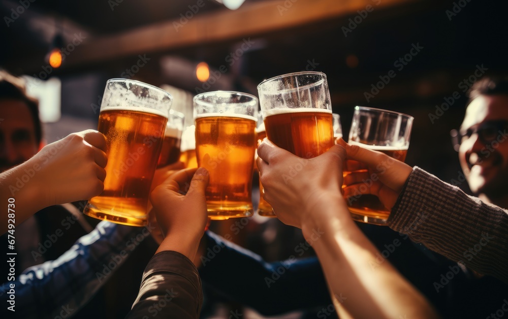 A group of friends clink glasses with beer A group of friends clink glasses with beer