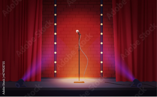 Theater stage with open red curtains, microphone and spotlight vector illustration. Cartoon empty theatre scene with classic cloth decor for comedy stand up show or karaoke, concert luxury event