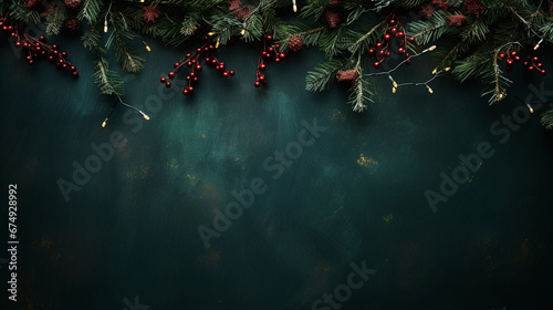 Overhead Flat Lay View of Lush Christmas Garland with Red Cranberry Effect - Rustic, Weathered Green Background with Vintage Texture and Aesthetic - Twinkle Lights and Holiday Glow - Xmas Decorations