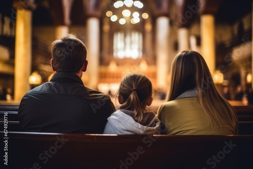 Family sitting on the bench in small church and praying photo