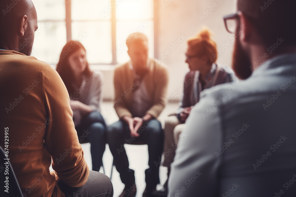 © Song_about_summer - therapy group support, mental health and psychological help, men and women sitting on chairs and talking in circle © Song_about_summer - therapy group support, mental health and psychological help, men and women sitting on chairs and talking in circle