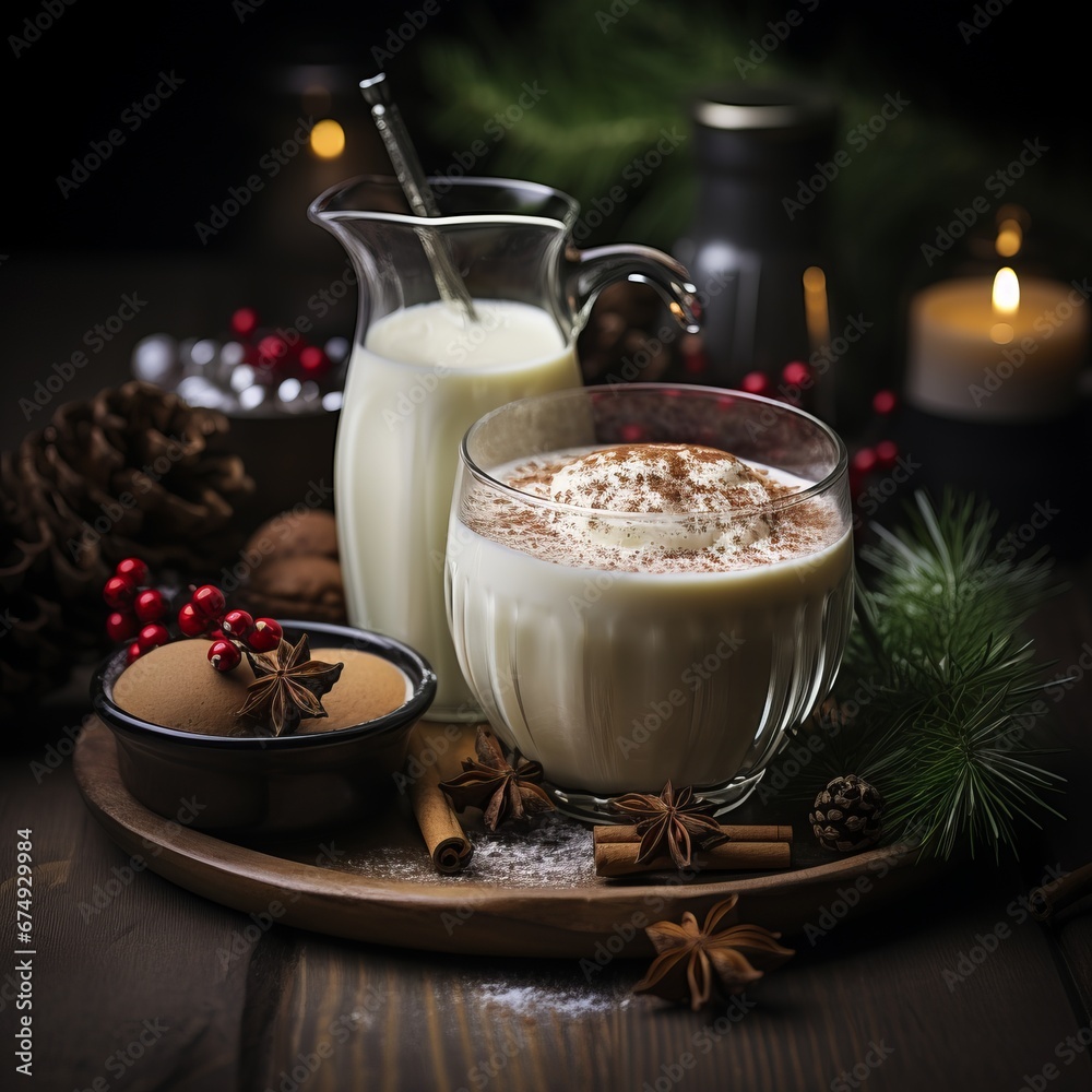 Eggnog in a glass, decorated with whipped cream and nutmeg, winter cocktail of raw eggs and spices on a dark wooden table. Background of Christmas lights. Eggnog in a glass, decorated with whipped cream and nutmeg, winter cocktail of raw eggs and spices on a dark wooden table. Background of Christmas lights.