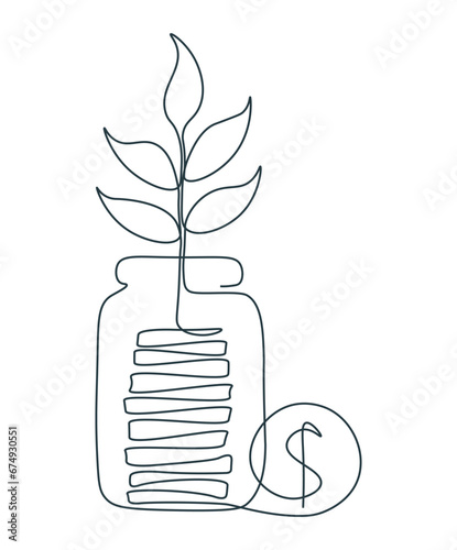 Stack coins in jar in single continuous line. Savings or investments. Profit growth drawing with one line. Saving and family budget concept. Money plant. Budget or fund. Financial bank deposit.