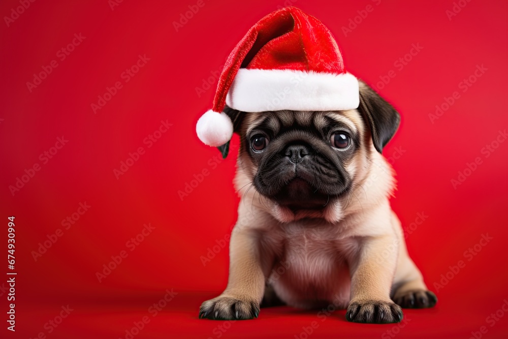 Puppy pug wearing Santa Claus hat on red background. Christmas concept. Ai Generative