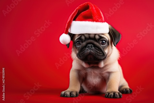 Puppy pug wearing Santa Claus hat on red background. Christmas concept. Ai Generative © ArtmediaworX