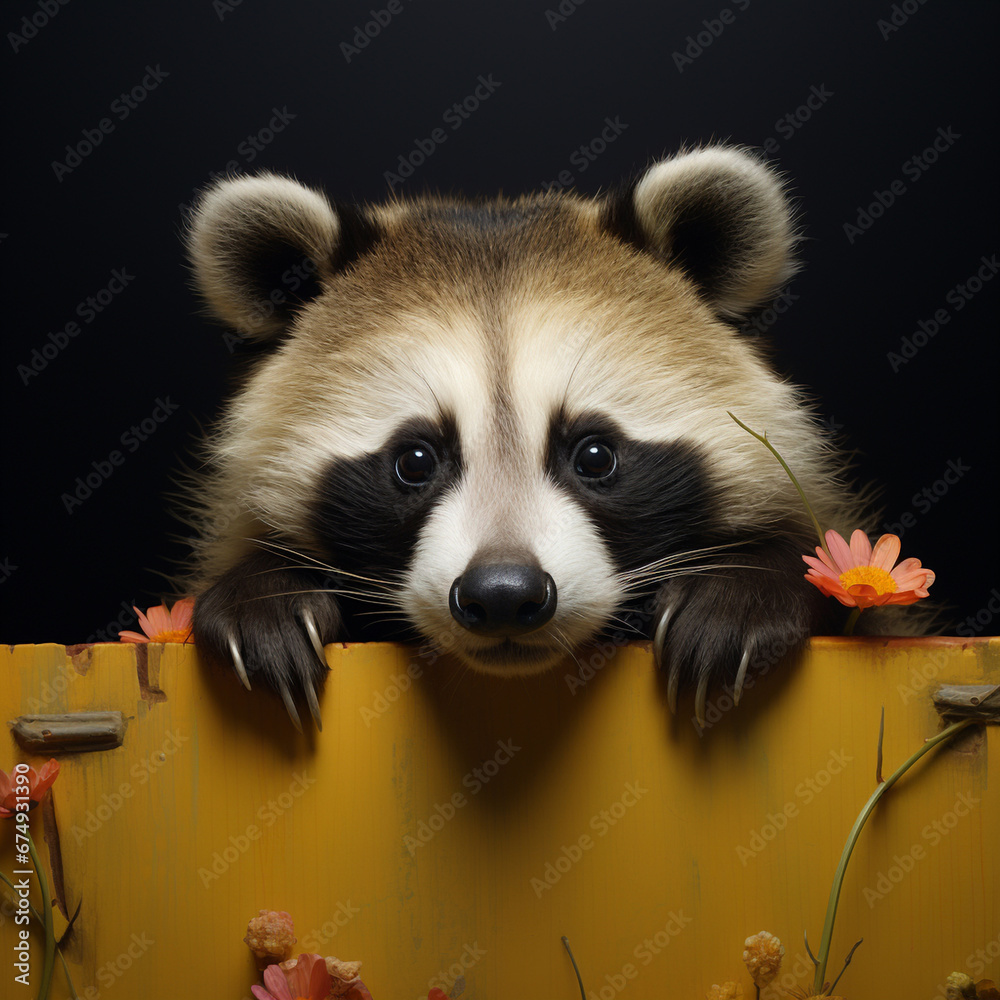 Obraz premium Portrait of a cute raccoon who put his front paws on a yellow board and looks straight into the camera against a dark studio background. Concept: wild animals in captivity.