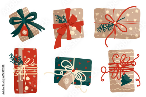 A set of Christmas and New Year gifts in festive packaging.Vector graphics.