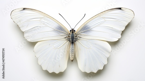 Beautiful white butterfly with spread wings from family of whiteflies Pieridae isolated on white background. Pieris rapae. photo