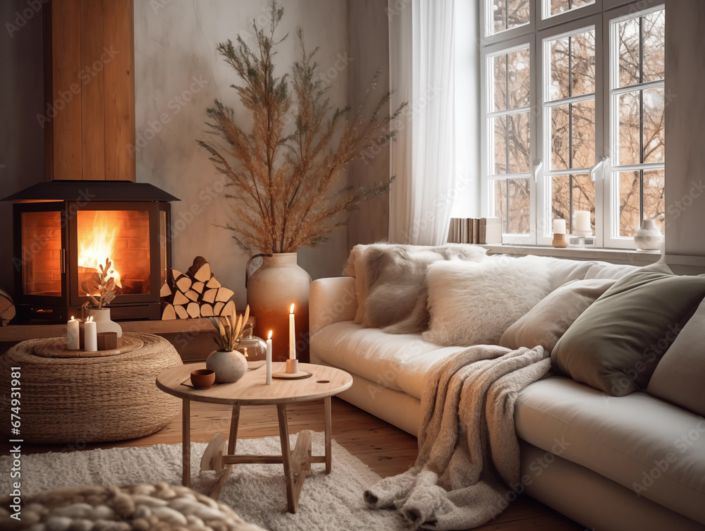 Winter home interior, cozy warm house decoration for cold seasonal holidays, room decor with sofa, pillows and soft fluffy blanket