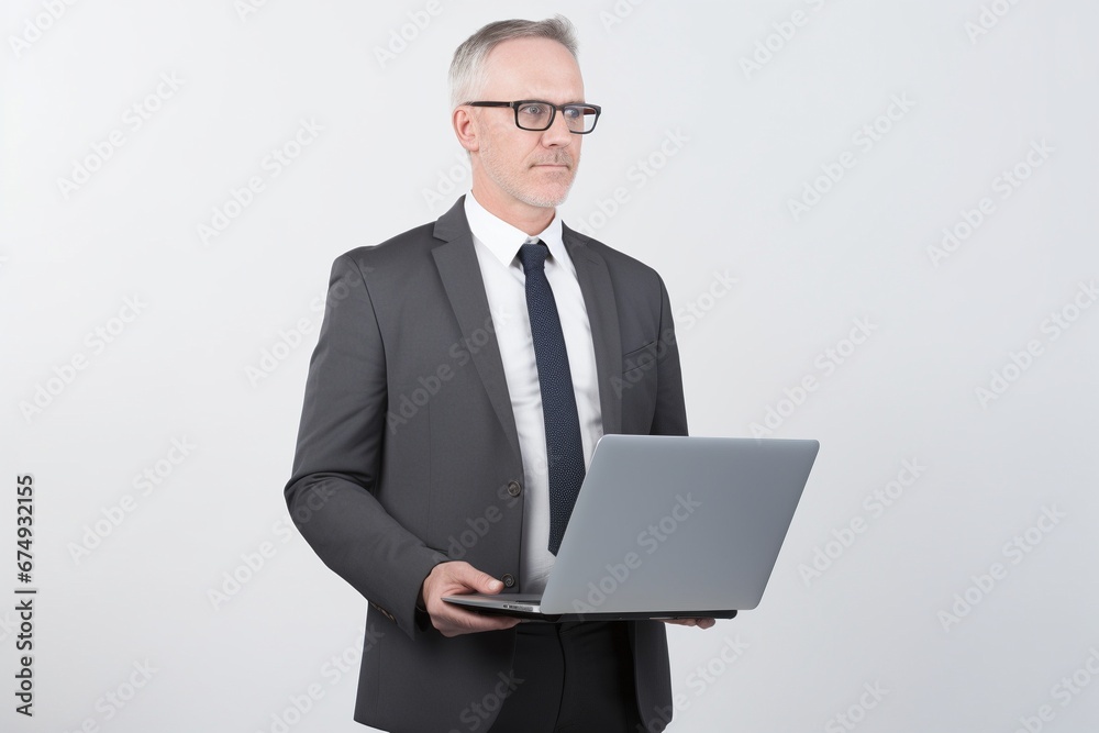 business man wearing suit and holding a laptop isolated on plain grey background business man wearing suit and holding a laptop isolated on plain grey background