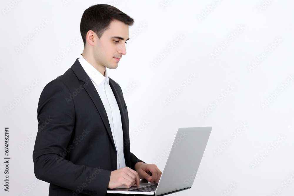 business man wearing suit and holding a laptop isolated on plain background business man wearing suit and holding a laptop isolated on plain background