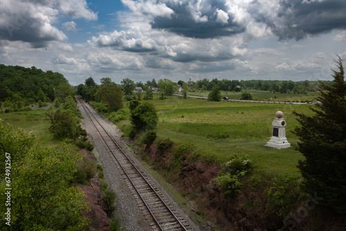 View of the battlefield near the McPherson Ridge railway cut. Railway tracks in the foreground, Gettysburg
