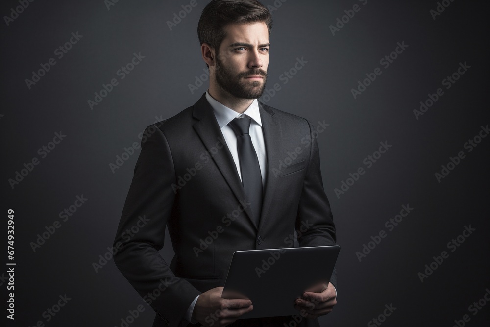 business man wearing suit and holding a laptop isolated on plain background business man wearing suit and holding a laptop isolated on plain background