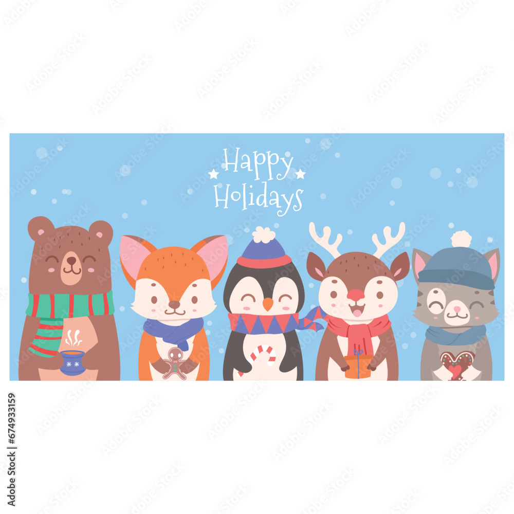 Happy Holidays greeting with cute stylized animals Happy Holidays greeting with cute stylized animals