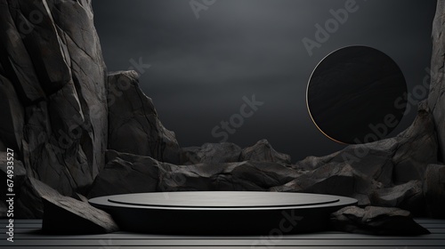 Black geometric stone background. display podium for product mockups 3d trade show display advertising, on sandy background blurred natural bokeh luxury modern luxury. Business for cosmetic