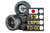 Japanese racing, pit board with flag of Japan and racing wheels with different compounds type tyres. 3D rendering isolated on transparent background