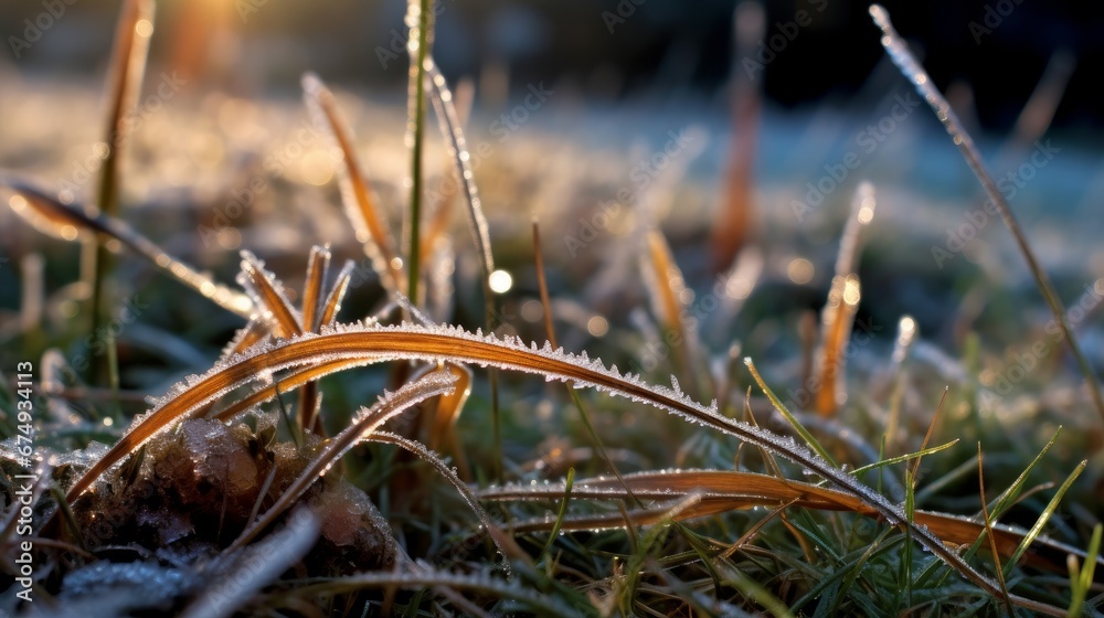 A frosty blade of grass at dawn  AI generated illustration