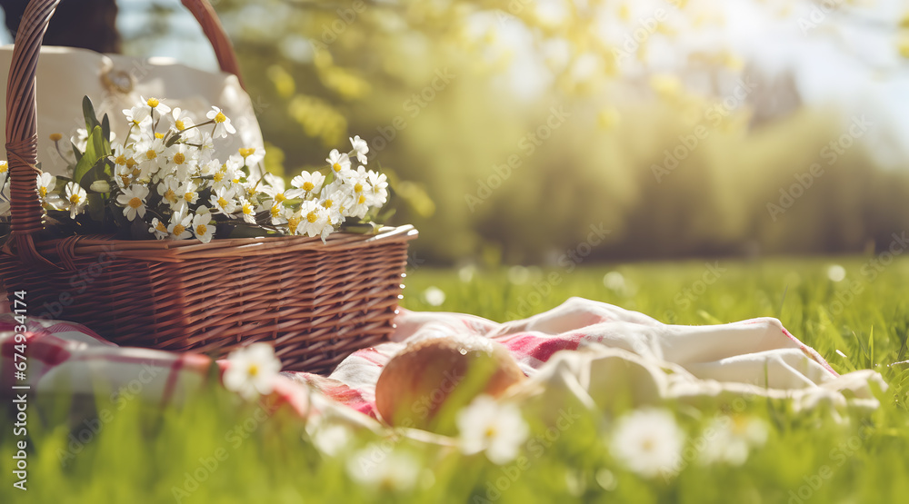A picnic basket brimming with fresh fruit and spring flowers set on a sunny daisy-filled meadow. - obrazy, fototapety, plakaty 