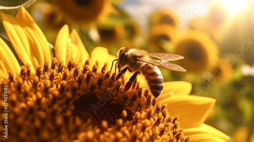 A honeybee collecting pollen on a sunflowe AI generated illustration photo