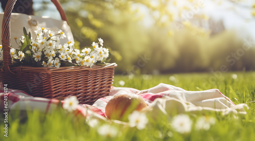 A picnic basket brimming with fresh fruit and spring flowers set on a sunny daisy-filled meadow. photo