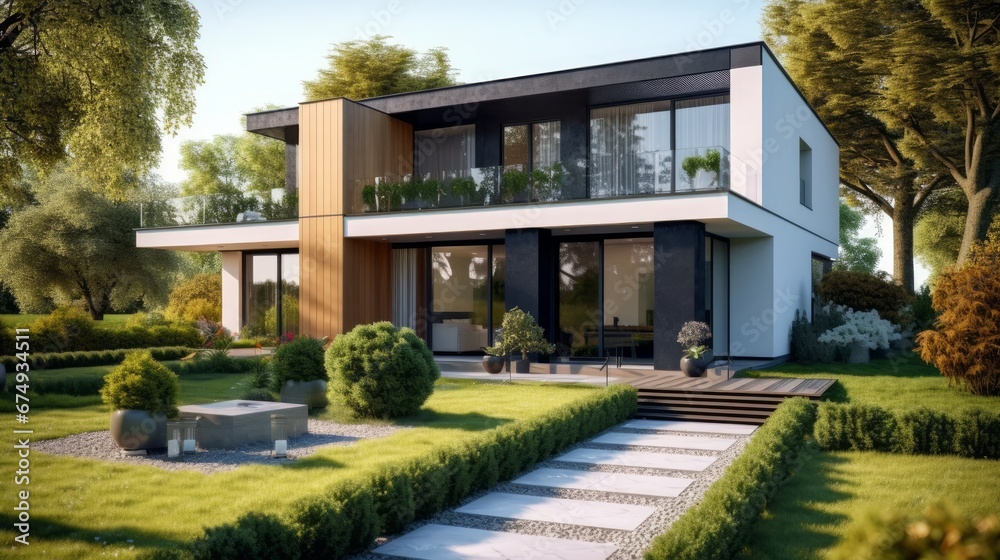 Obraz premium Very modern house with garden in front Sunny day AI generated illustration